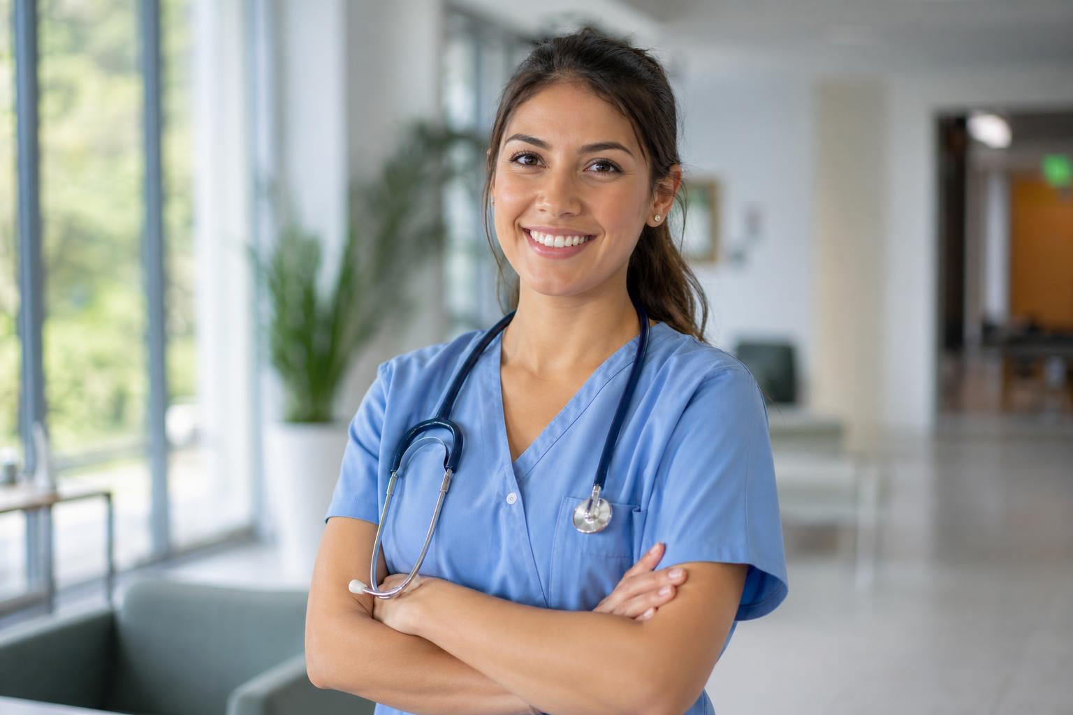 Smiling caregiver in scrubs in New Mexico landscape