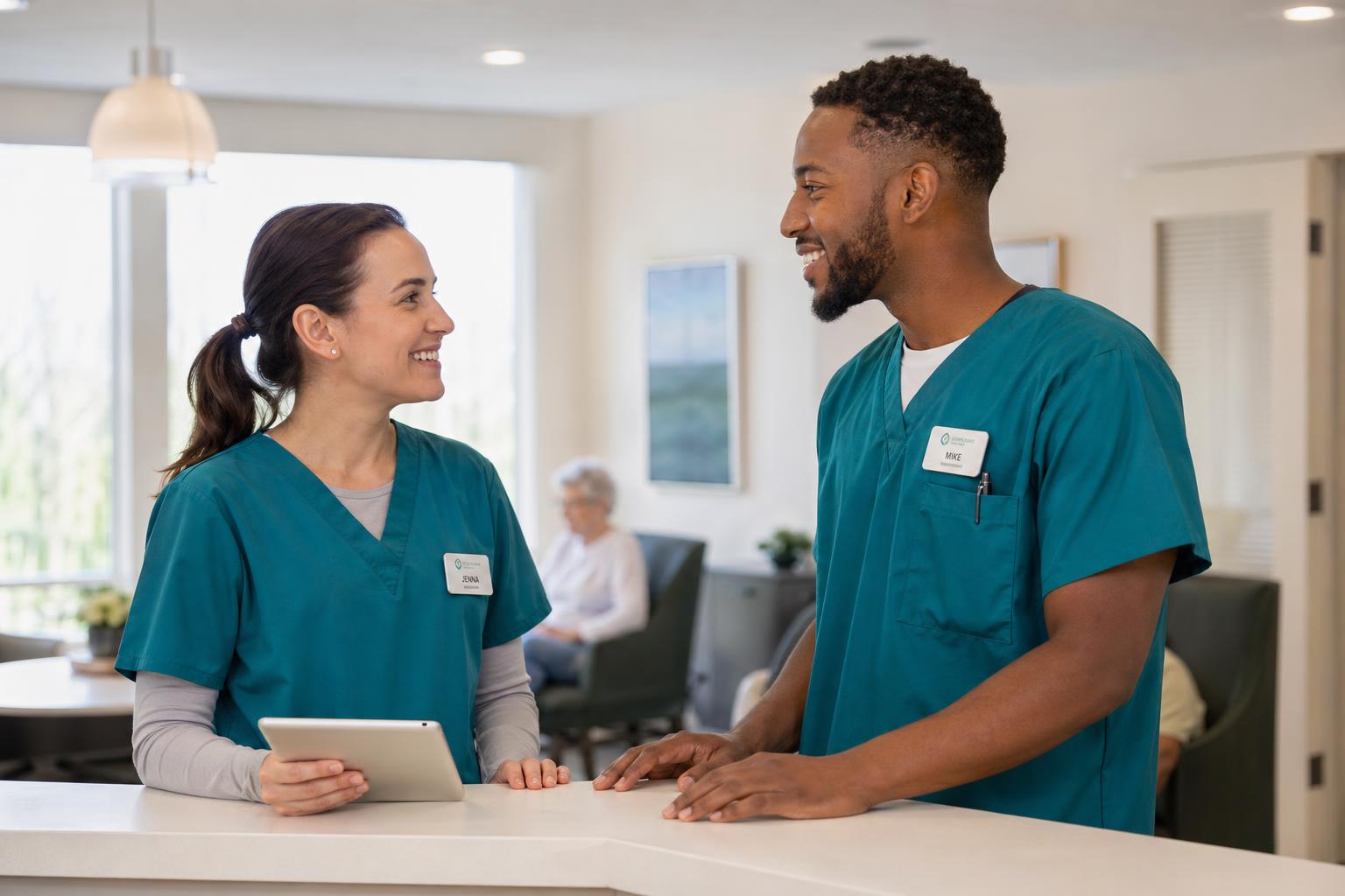 CNA caring for an elderly resident in an assisted living common room